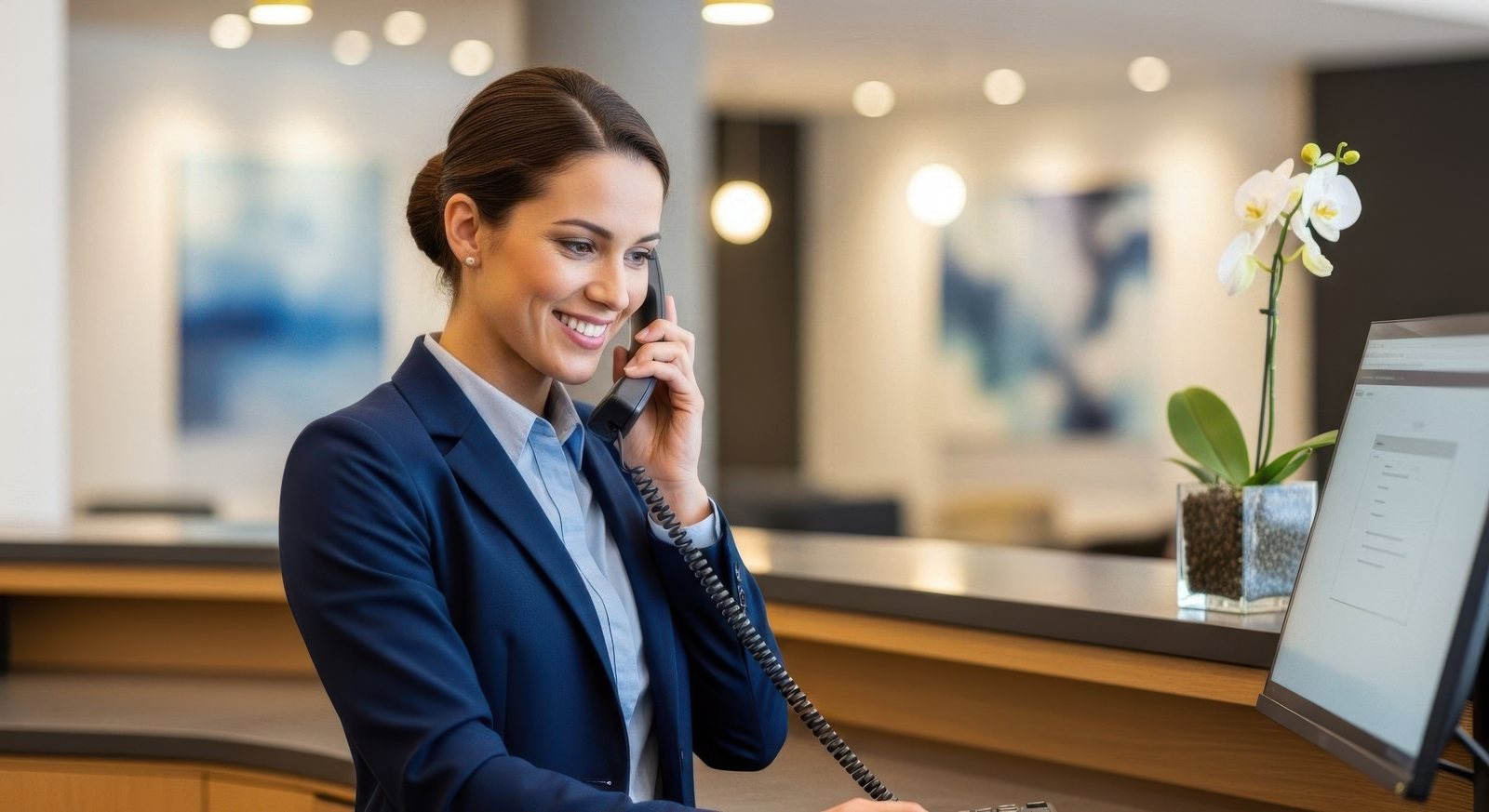 Rezeptionistin am Telefon – persönliche Gäste-Kommunikation